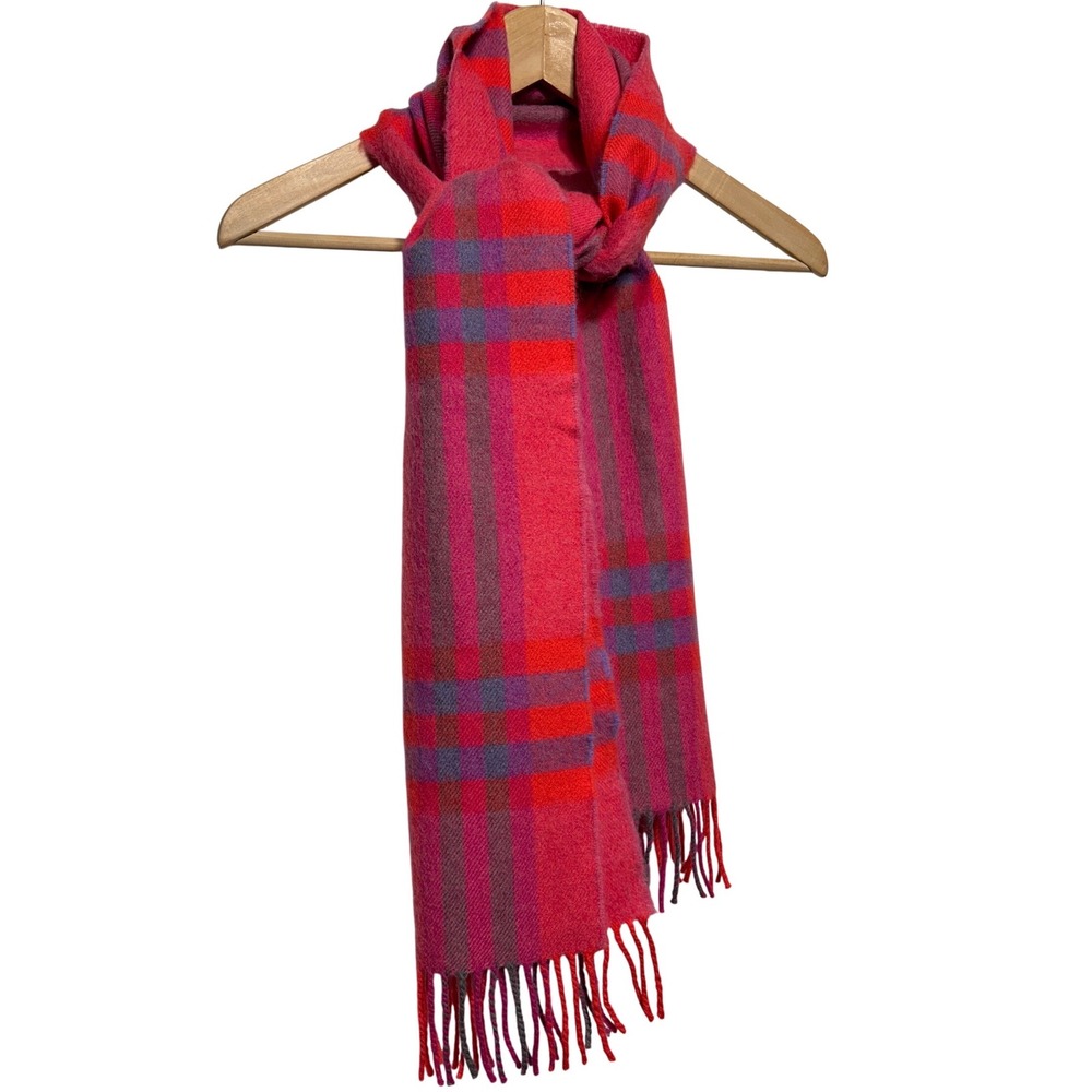 John Hanly Pink Plaid Extra Fine‎ Merino Wool Scarf Made in Ireland 62" x 11.5"